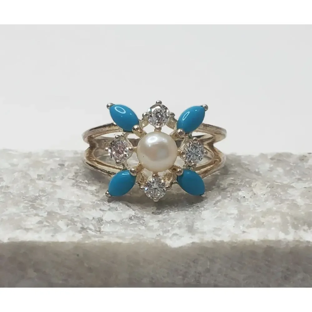 Freshwater Pearl, Faux Turquoise & Rhinestone Sterling Silver Ring Size 9